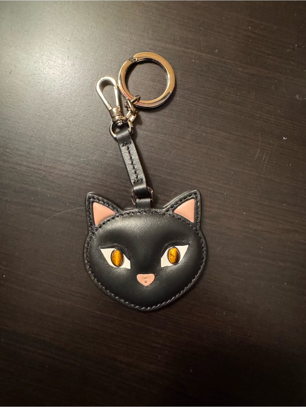 Kate Spade Leather Black Cat Face Keychain/FOB with Pink accents and tiger ey